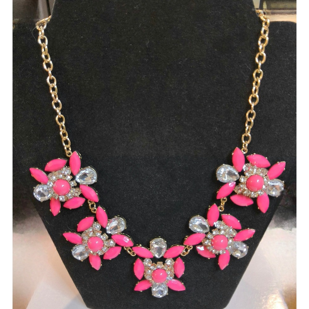 Hot Pink Rhinestone Floral Statement Necklace Barbiecore Preppy Glam